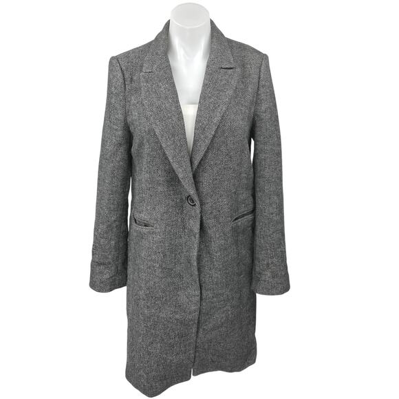 Zara Women's Black Herringbone One Button Notch Collar Over Coat Blazer Jacket M - Picture 1 of 5